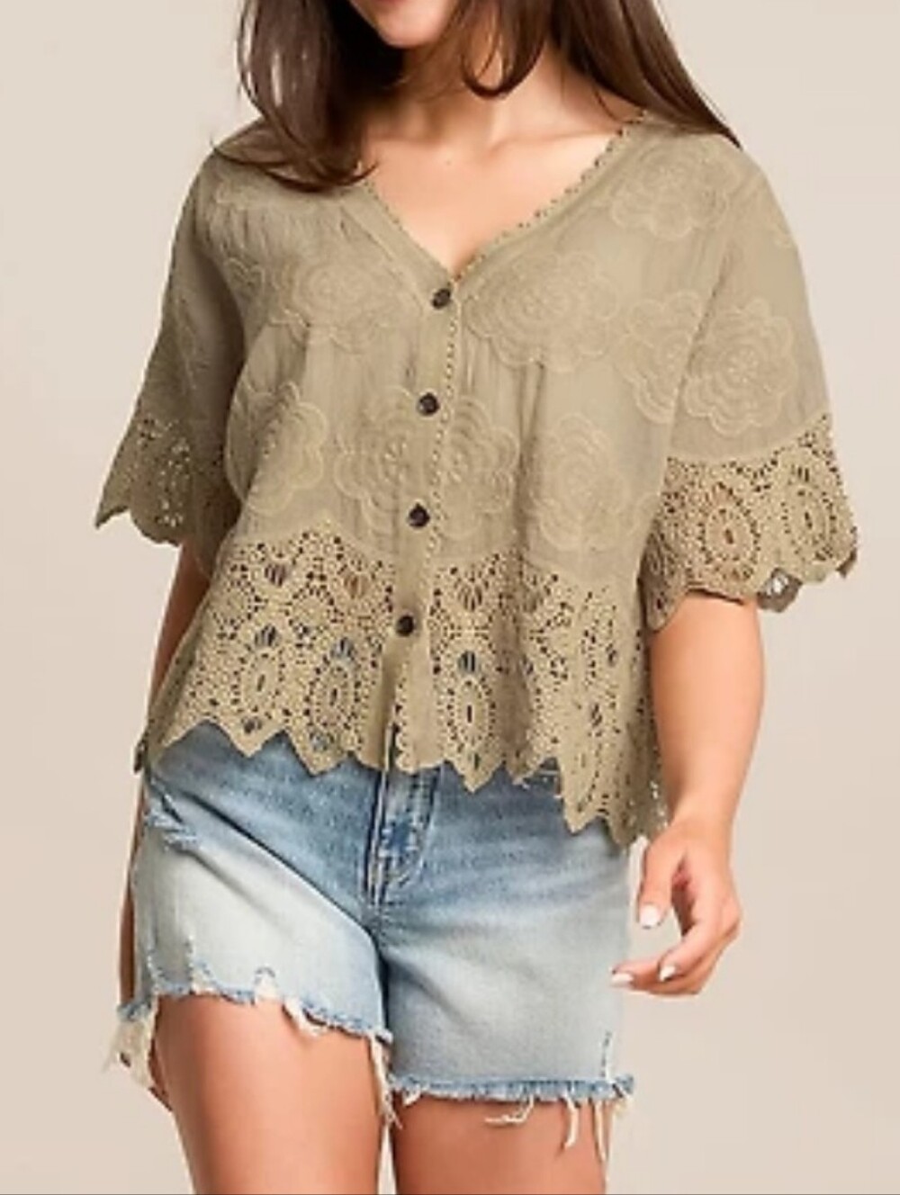 NWT POL Olive Green Crochet Lace Button-Front Blouse